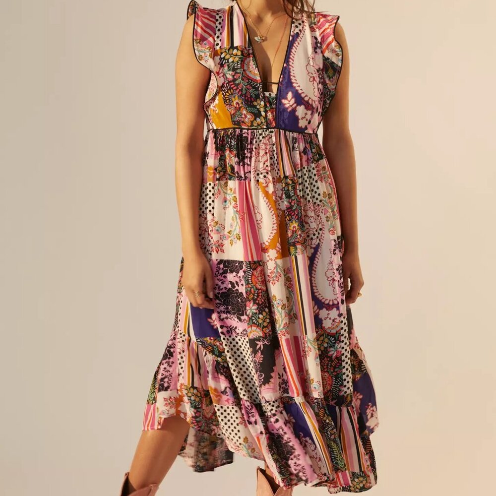 Ruffled Patchwork Midi Dress by Anthropologie Size 0P